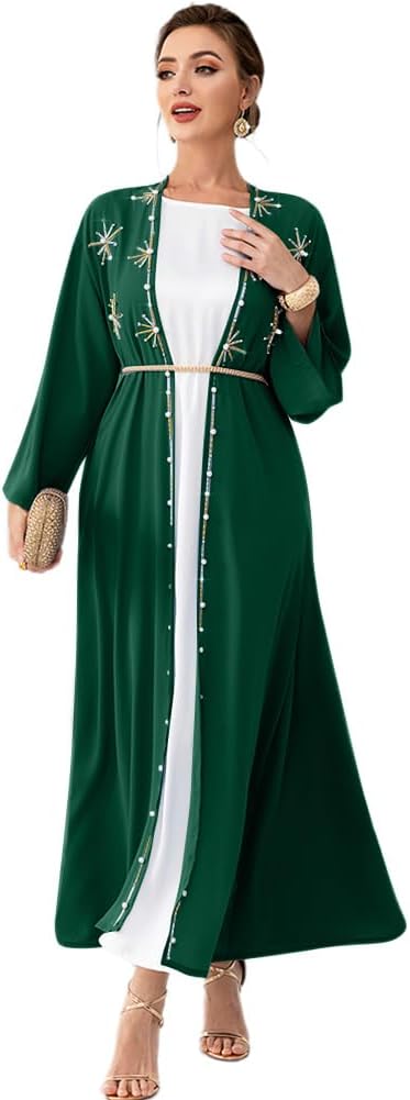 Muslim Abaya Long Sleeve Open Front Rhinestones Kaftan Cardigan Maxi Dress for Women with Belt