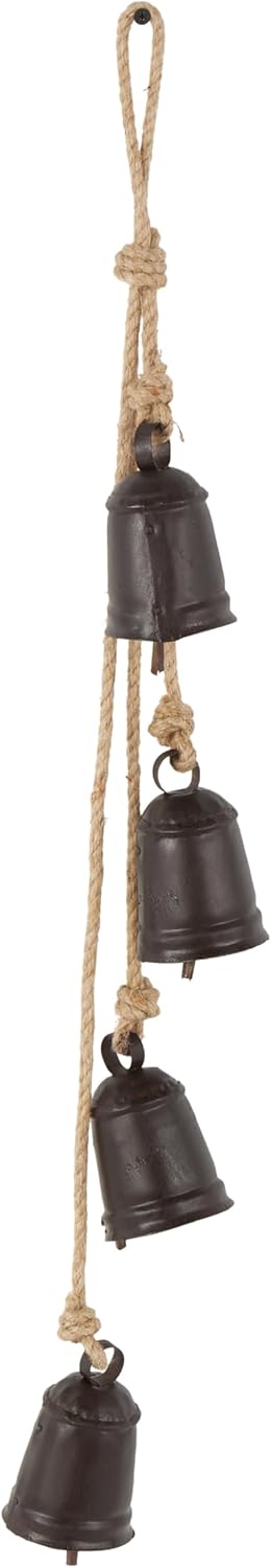 Deco 79 Gold Metal Tibetan Inspired Decorative Giant XL Cow Bells with Jute Hanging Rope, Set of 3 10",8",6"H - Cylindrical
