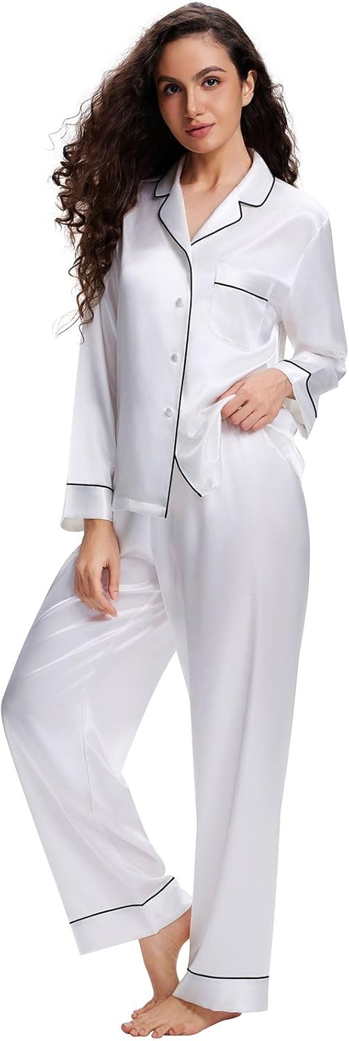 Lonxu Silk Satin Womens Pajama Sets Button Down Sleepwear Loungewear XS~3XL