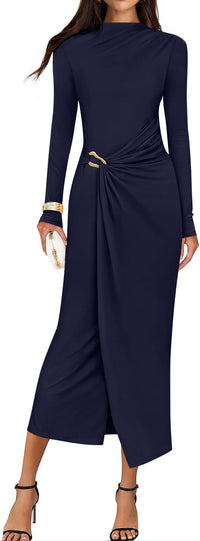 ZESICA Women's 2025 Fall Long Sleeve Bodycon Dress Mock Neck Wedding Guest Cocktail Party Long Midi Dresses