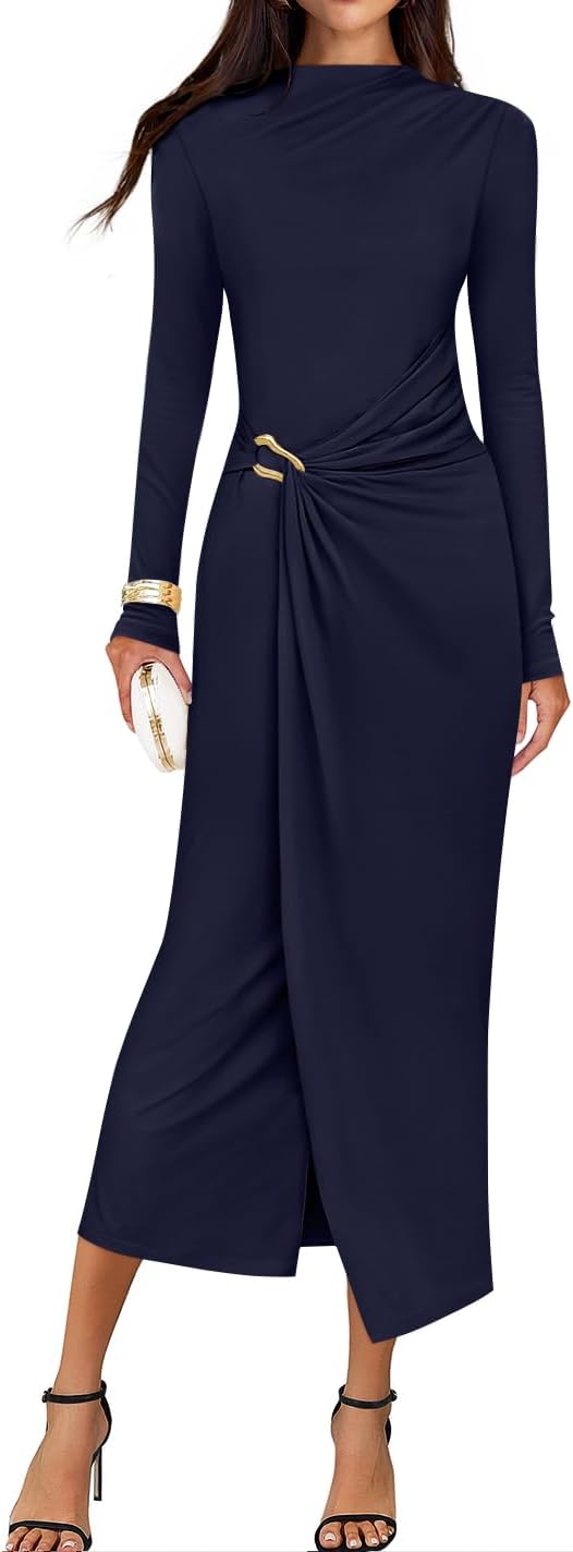 ZESICA Women's 2025 Fall Long Sleeve Bodycon Dress Mock Neck Wedding Guest Cocktail Party Long Midi Dresses