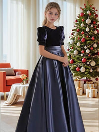 Velvet Flower Girl Dresses A-Line Pageant Princes Satin Ball Gowns with Bow Long Puffy Sleeve First Communion Dress
