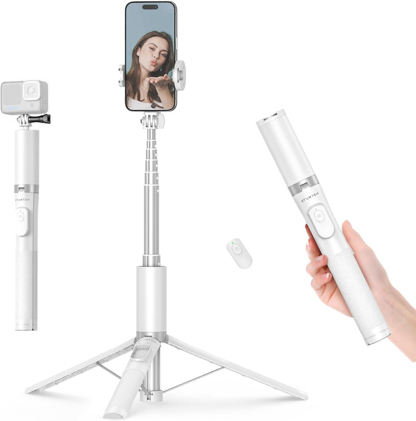 ATUMTEK 62" Selfie Stick Tripod, Extendable Aluminum Tripod with Rechargeable Bluetooth Remote, Compatible with iPhone and Android Smartphones, Perfect for Travel, Vlog, Video and Photo, White