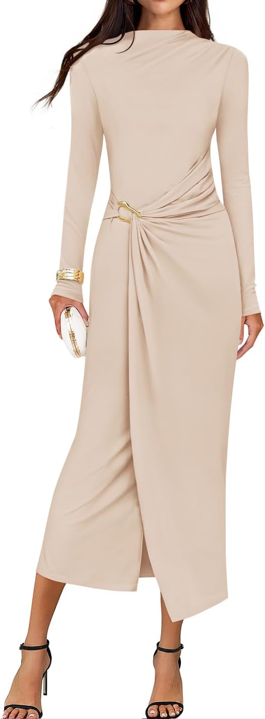 ZESICA Women's 2025 Fall Long Sleeve Bodycon Dress Mock Neck Wedding Guest Cocktail Party Long Midi Dresses