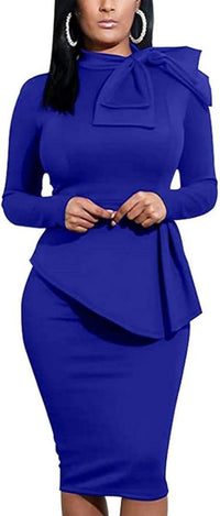 Women's Peplum Bodycon Long Sleeve Wear to Work Dresses Bow Party Club Ruffle Formal Cocktail Pencil Dress