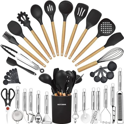 Cooking Utensils Set- 35 PCs Kitchen Utensils with Grater,Tongs, Spoon Spatula &Turner Made of Heat Resistant Food Grade Silicone and Wooden Handles Kitchen Gadgets Tools Set for Cookware