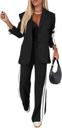 CHICME 2025 Womens Two Piece Outfits Striped Side Button Blazer and Pants with Pockets Sets Business Casual Pant Suits Set