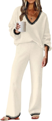 ETCYY NEW Womens 2 Piece Outfits Sweater Lounge Set Casual V Neck Knit Pajama Set Long Sleeve Top Wide Leg Pants Loungewear