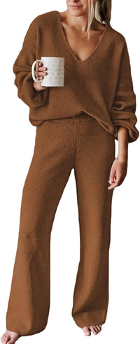 Viottiset Women's 2 Piece Outfits Casual V Neck Knit Wide Leg Sweater Lounge Set Sweatsuit