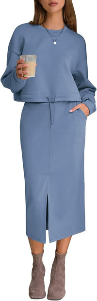 EXLURA Womens 2 Piece Skirts Set Fall Airport Drawstring Sweatshirts Midi Skirt Dress Lounge Sets Travel Outfits Winter 2025