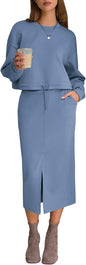 EXLURA Womens 2 Piece Skirts Set Fall Airport Drawstring Sweatshirts Midi Skirt Dress Lounge Sets Travel Outfits Winter 2025