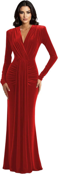 Long Sleeve Velvet Bridesmaid Dress with Tie 2026 V Neck Mermaid Maxi Formal Evening Dress AS010