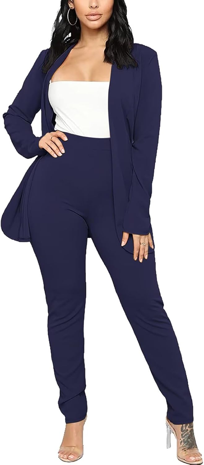 Aro Lora Women's 2 Piece Outfit Casual Solid Open Front Blazer and Pencil Pant Suits Set