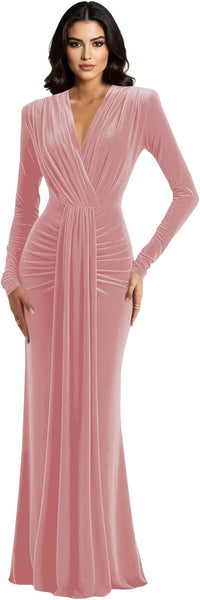 Long Sleeve Velvet Bridesmaid Dress with Tie 2026 V Neck Mermaid Maxi Formal Evening Dress AS010