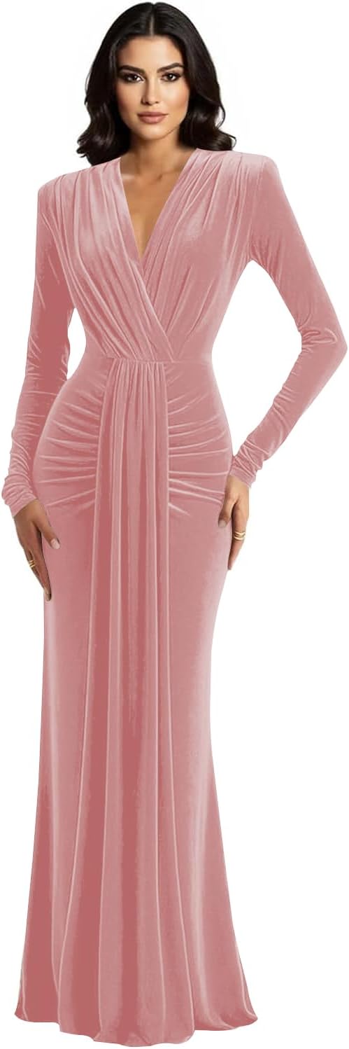 Long Sleeve Velvet Bridesmaid Dress with Tie 2026 V Neck Mermaid Maxi Formal Evening Dress AS010