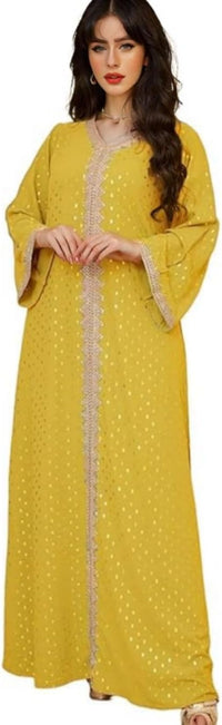 Boedaty Women Summer Muslim Abaya Dress One-Piece Embroidered V Neck Bronzing Kaftan Dress Full Length Party Dress