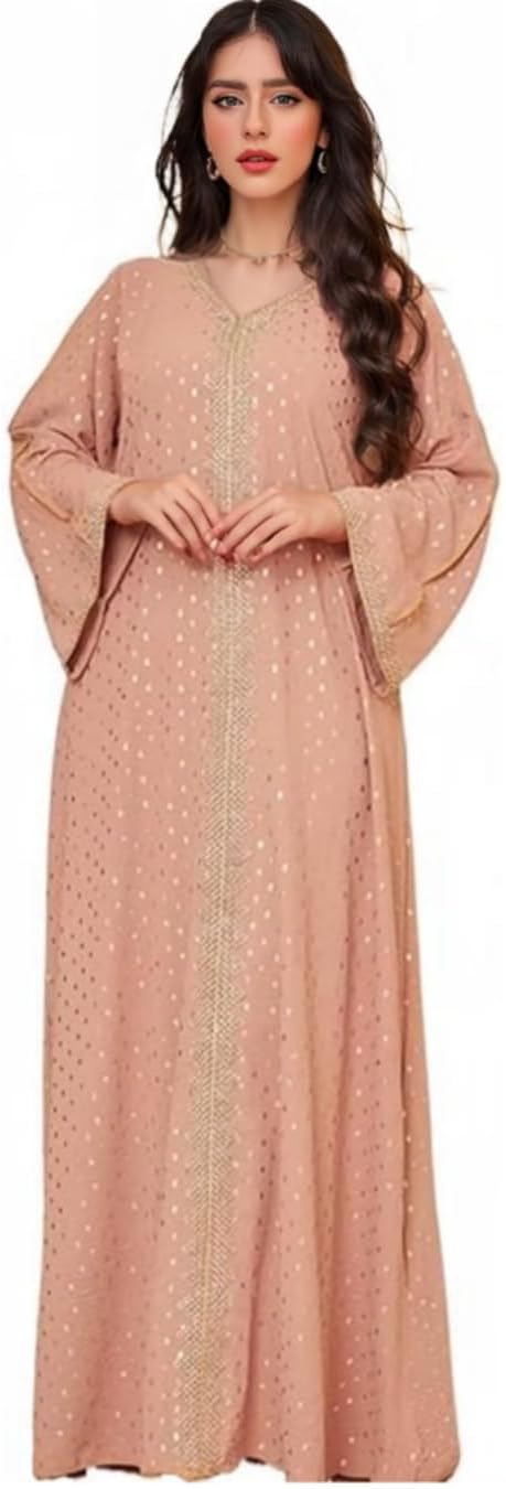 Boedaty Women Summer Muslim Abaya Dress One-Piece Embroidered V Neck Bronzing Kaftan Dress Full Length Party Dress