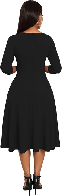 Nmoder Midi Dresses for Women A-Line Fit and Flare Dress 3/4 Sleeve V Neck Cocktail Wedding Guest Work Dress with Pockets