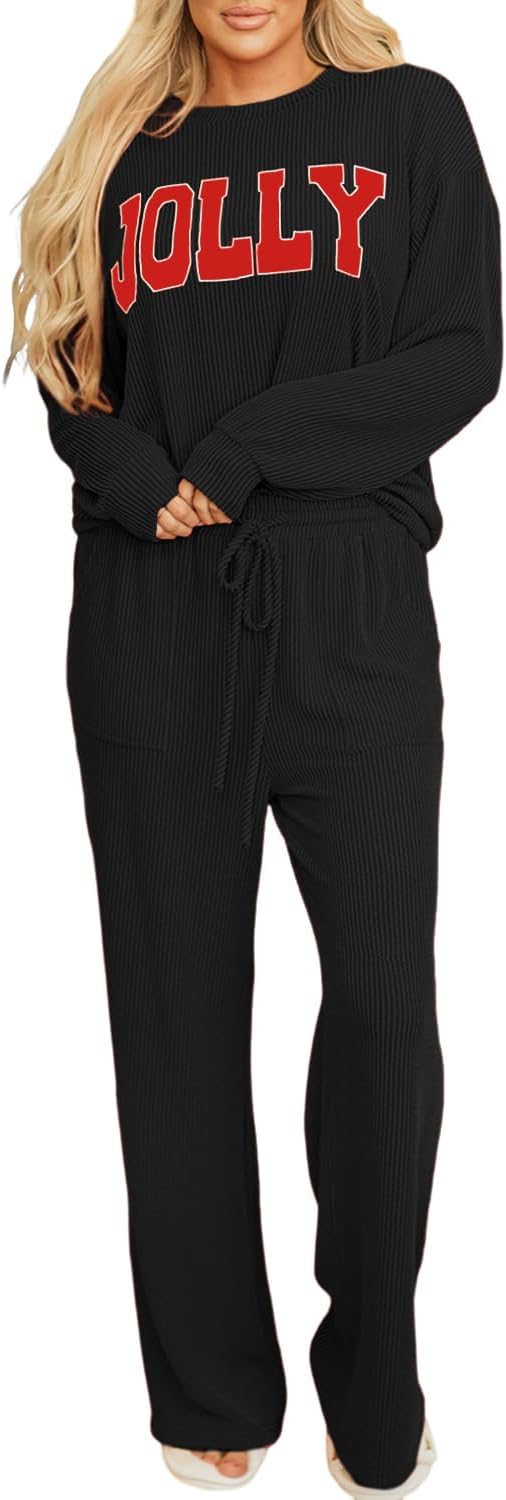 Women Pajamas Set Loungewear Ribbed Long Sleeve Top and Pants with Pockets Lounge Sweatsuit Set