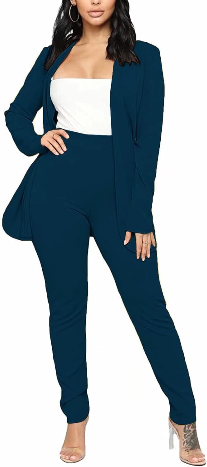 Aro Lora Women's 2 Piece Outfit Casual Solid Open Front Blazer and Pencil Pant Suits Set