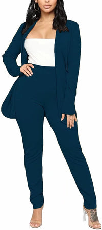 Aro Lora Women's 2 Piece Outfit Casual Solid Open Front Blazer and Pencil Pant Suits Set