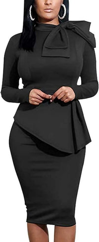 Women's Peplum Bodycon Long Sleeve Wear to Work Dresses Bow Party Club Ruffle Formal Cocktail Pencil Dress