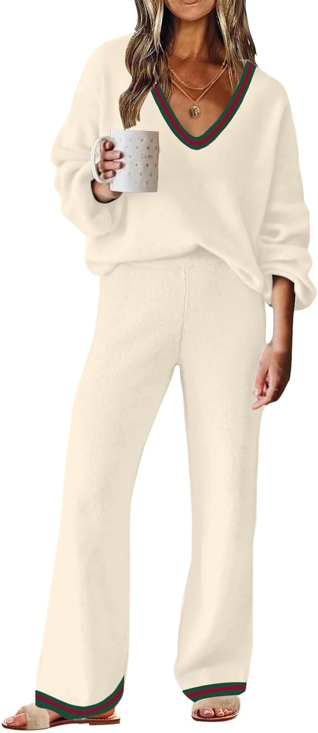 ETCYY NEW Womens 2 Piece Outfits Sweater Lounge Set Casual V Neck Knit Pajama Set Long Sleeve Top Wide Leg Pants Loungewear