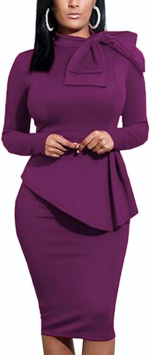Women's Peplum Bodycon Long Sleeve Wear to Work Dresses Bow Party Club Ruffle Formal Cocktail Pencil Dress