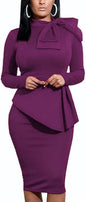 Women's Peplum Bodycon Long Sleeve Wear to Work Dresses Bow Party Club Ruffle Formal Cocktail Pencil Dress