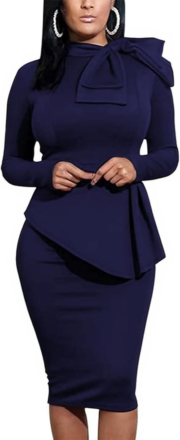 Women's Peplum Bodycon Long Sleeve Wear to Work Dresses Bow Party Club Ruffle Formal Cocktail Pencil Dress