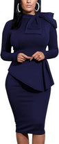 Women's Peplum Bodycon Long Sleeve Wear to Work Dresses Bow Party Club Ruffle Formal Cocktail Pencil Dress