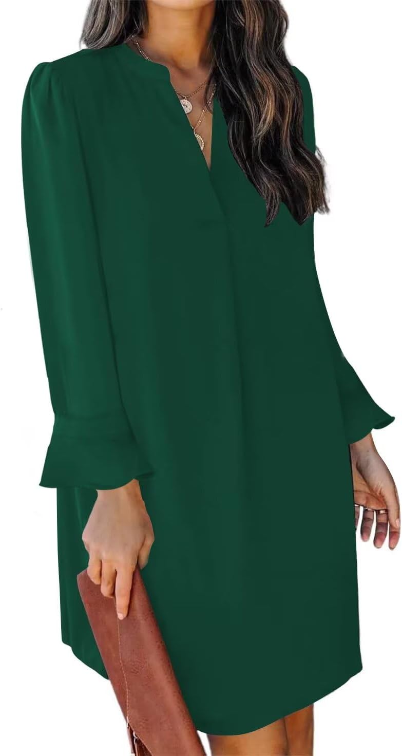 QACOHU Fall Dresses for Women 2025 Casual V Neck Long Sleeves Flowy Mini Tunic Dress