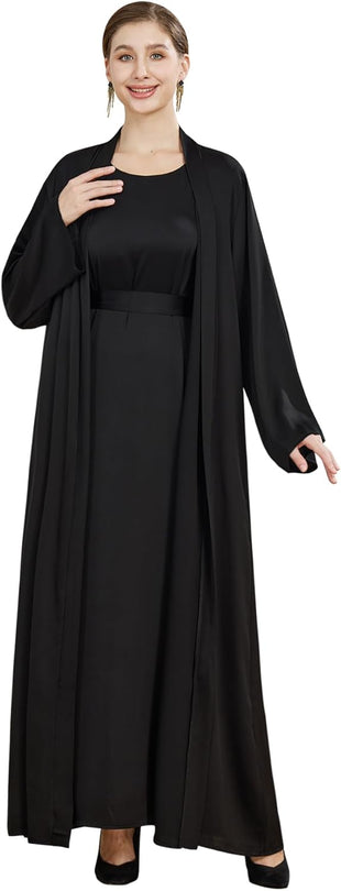 khalat Women Muslim Abaya Dress 2PCS Lightweight Satin Abaya Dress for Women Islamic Dubai Modest Kaftan Prayer Dress