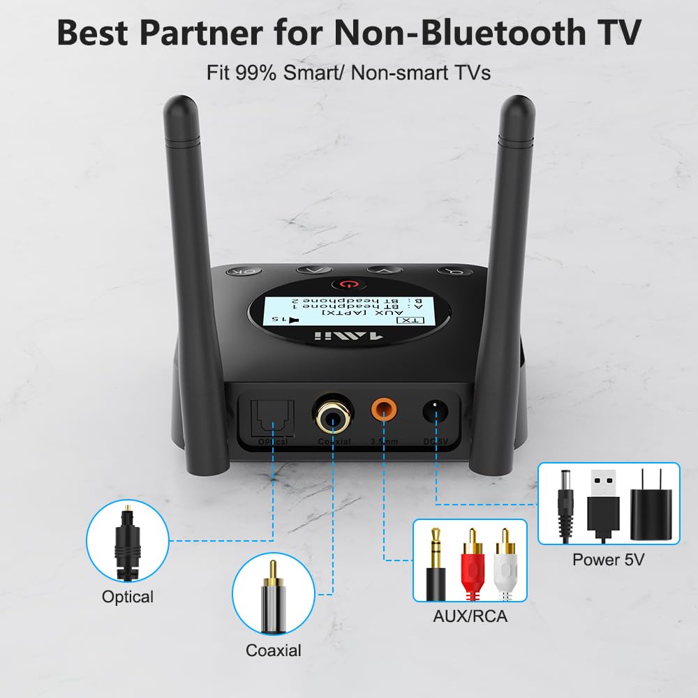 1Mii B06TX Bluetooth 5.2 Transmitter for TV to Wireless Headphone/Speaker, Bluetooth Adapter for TV w/Volume Control, AUX/RCA/Optical/Coaxial Audio Inputs, Plug n Play, aptX Low Latency & HD