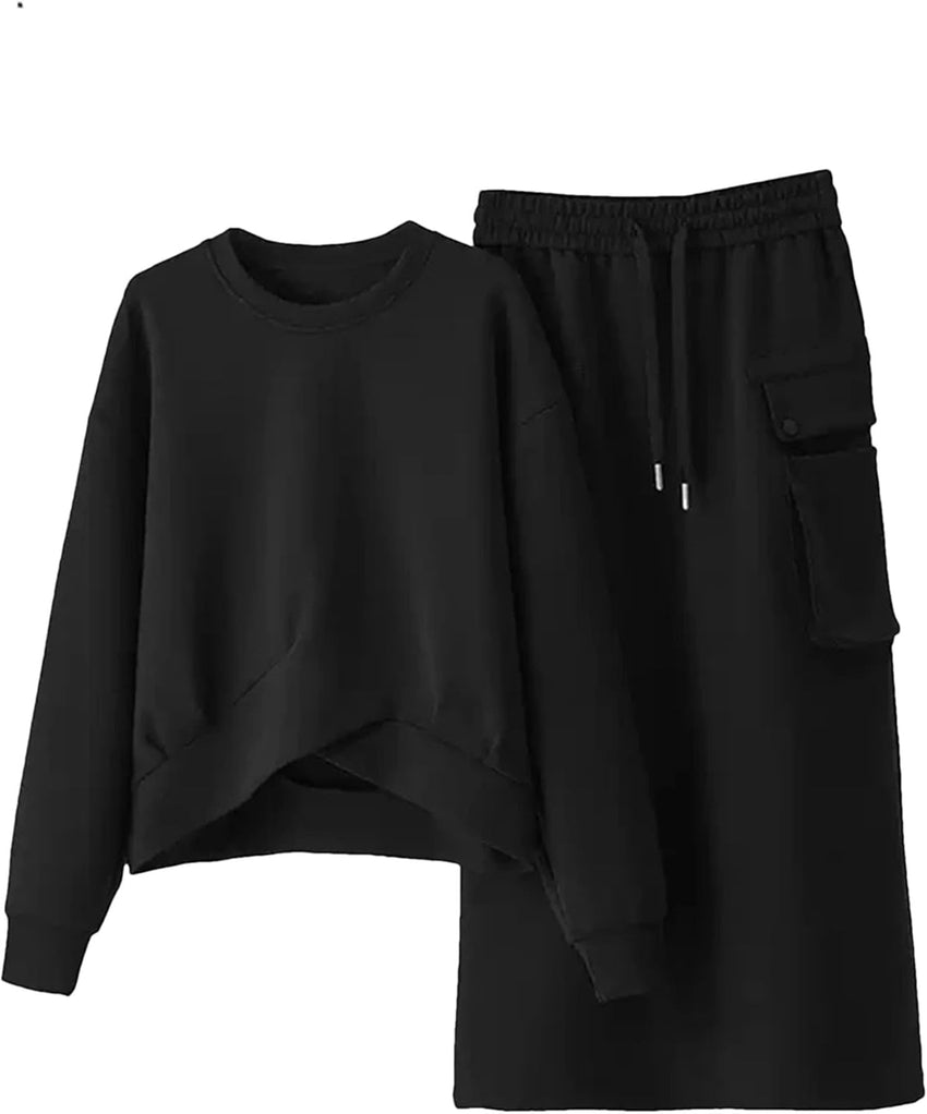 Women Spring Fall Sweatshirts Dress Sets Long Sleeve Hoodies Midi Skirt Two-Piece Set