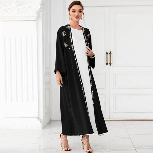 Muslim Abaya Long Sleeve Open Front Rhinestones Kaftan Cardigan Maxi Dress for Women with Belt