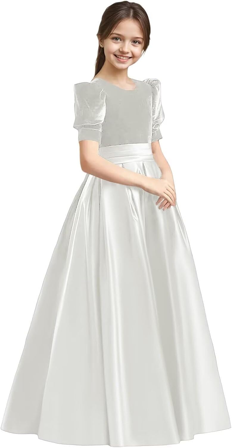 Velvet Flower Girl Dresses A-Line Pageant Princes Satin Ball Gowns with Bow Long Puffy Sleeve First Communion Dress