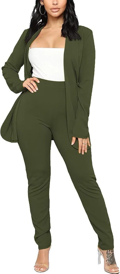 Aro Lora Women's 2 Piece Outfit Casual Solid Open Front Blazer and Pencil Pant Suits Set