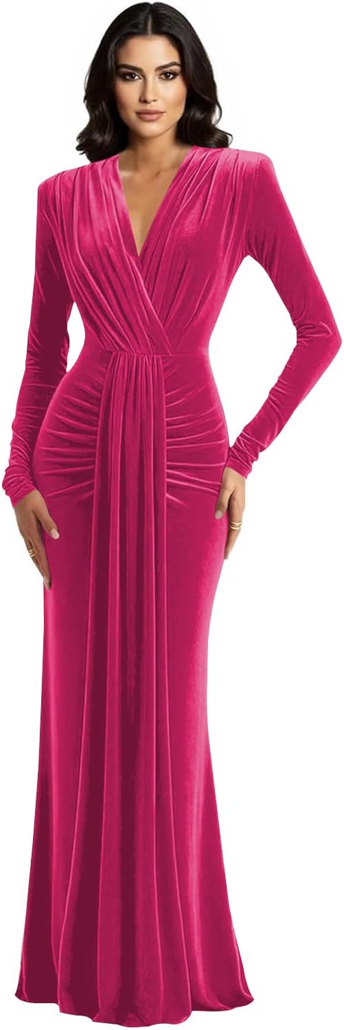 Long Sleeve Velvet Bridesmaid Dress with Tie 2026 V Neck Mermaid Maxi Formal Evening Dress AS010