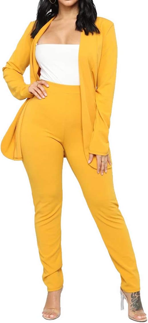 Aro Lora Women's 2 Piece Outfit Casual Solid Open Front Blazer and Pencil Pant Suits Set