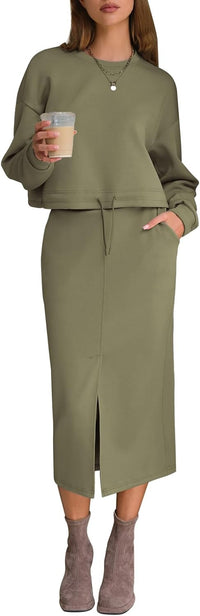 EXLURA Womens 2 Piece Skirts Set Fall Airport Drawstring Sweatshirts Midi Skirt Dress Lounge Sets Travel Outfits Winter 2025