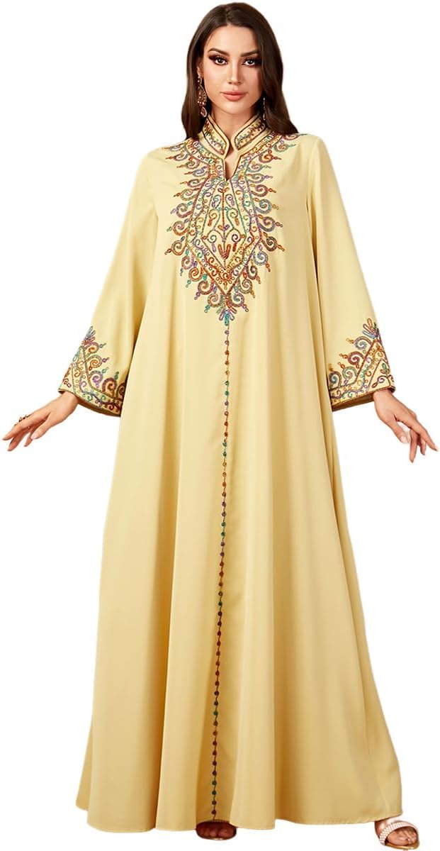 FYMNSI Abaya Dress for Women Floral Embroidery Muslim Maxi Robe Eid Prayer Dresses Dubai Clothing Arabian Islamic Kaftan