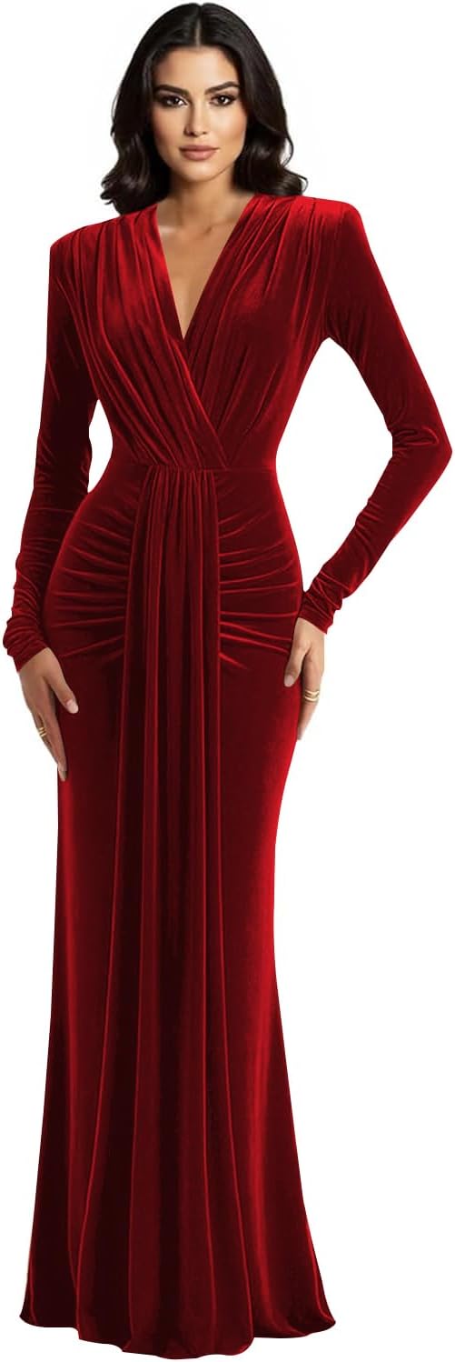 Long Sleeve Velvet Bridesmaid Dress with Tie 2026 V Neck Mermaid Maxi Formal Evening Dress AS010