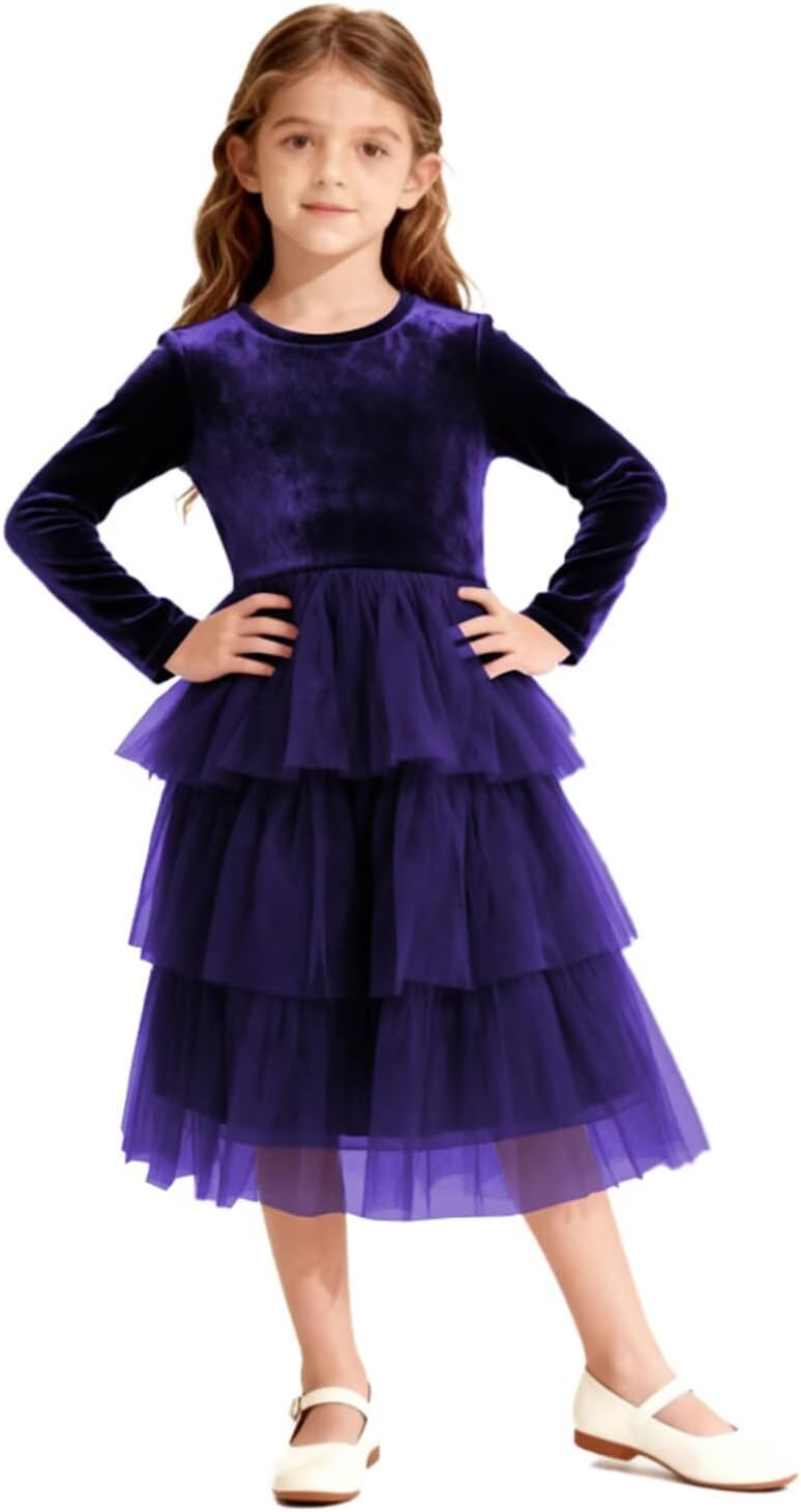 Christmas Dress Girls Velvet Tulle Puffy Long Sleeve Formal Party Dresses Princess Birthday Wedding Guest Dress
