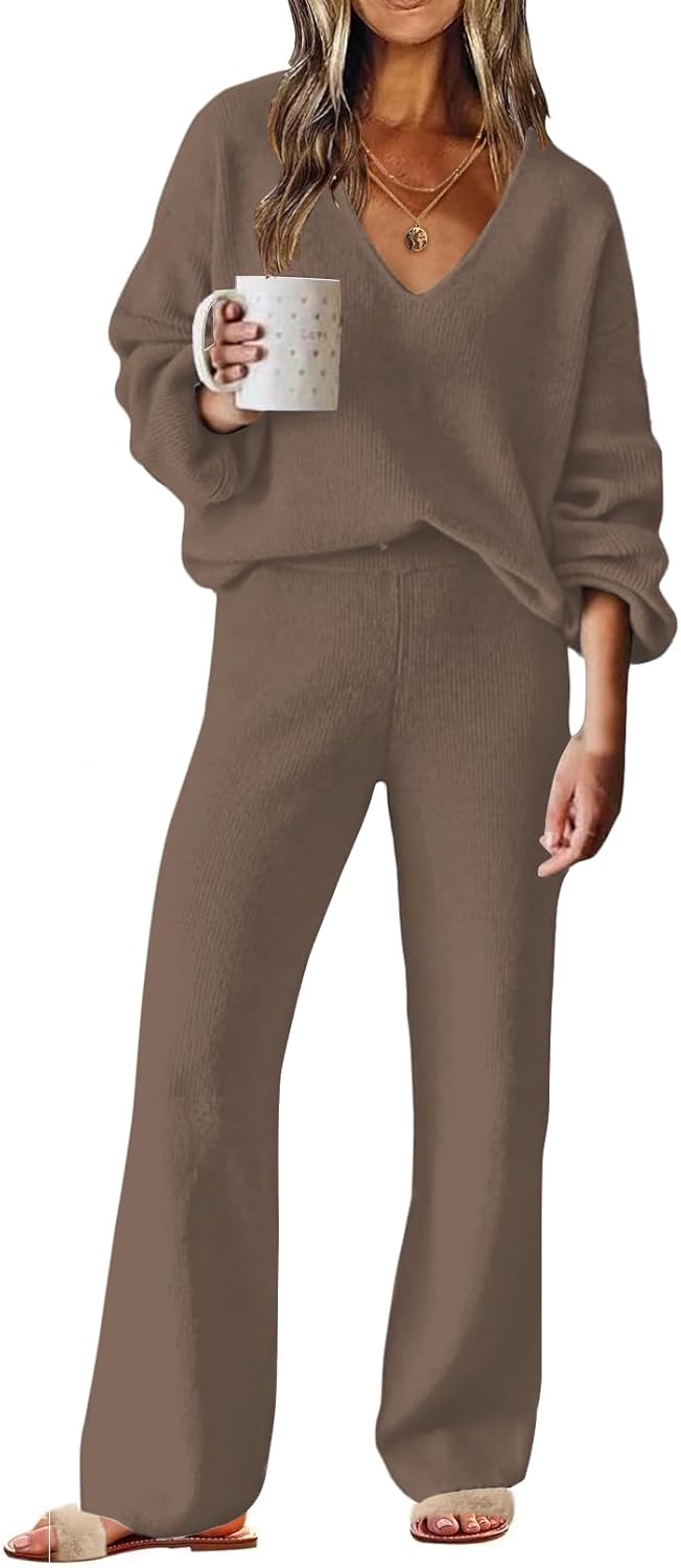 ETCYY NEW Womens 2 Piece Outfits Sweater Lounge Set Casual V Neck Knit Pajama Set Long Sleeve Top Wide Leg Pants Loungewear