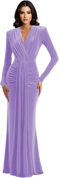 Long Sleeve Velvet Bridesmaid Dress with Tie 2026 V Neck Mermaid Maxi Formal Evening Dress AS010