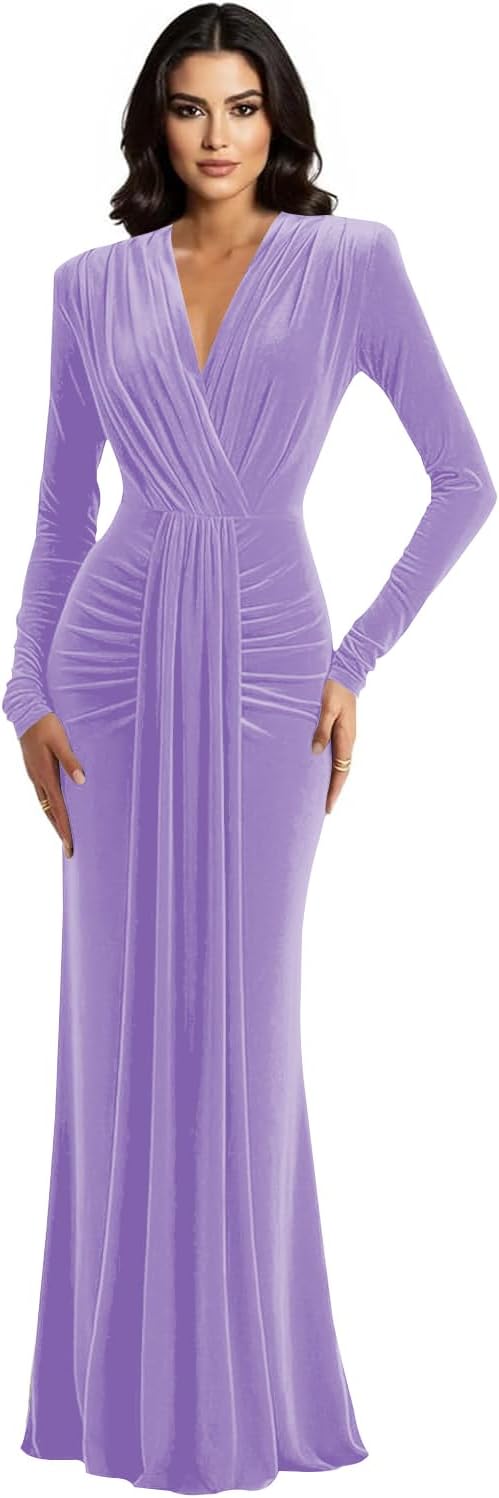 Long Sleeve Velvet Bridesmaid Dress with Tie 2026 V Neck Mermaid Maxi Formal Evening Dress AS010