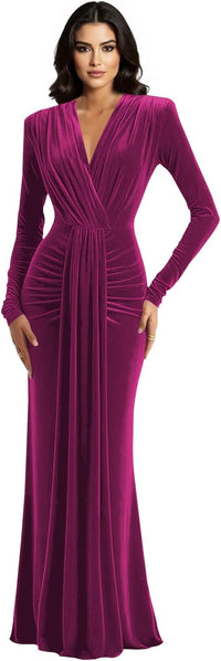 Long Sleeve Velvet Bridesmaid Dress with Tie 2026 V Neck Mermaid Maxi Formal Evening Dress AS010