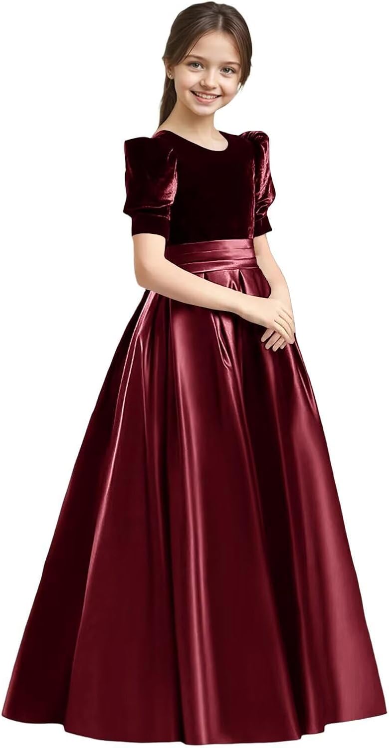 Velvet Flower Girl Dresses A-Line Pageant Princes Satin Ball Gowns with Bow Long Puffy Sleeve First Communion Dress