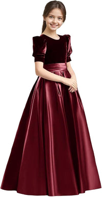 Velvet Flower Girl Dresses A-Line Pageant Princes Satin Ball Gowns with Bow Long Puffy Sleeve First Communion Dress